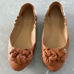 Tory Burch Tan Leather Flats with Floral Accent